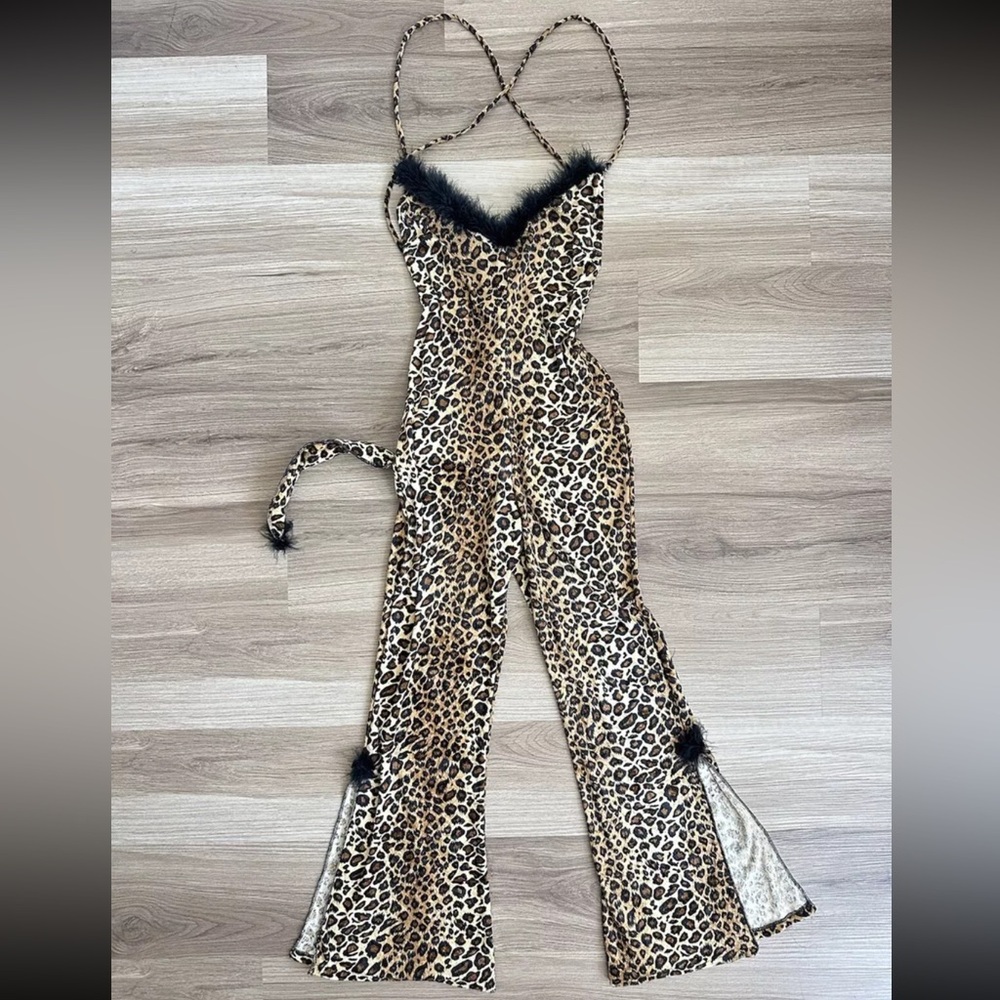 Frederick's of Hollywood Cheetah Jumpsuit with Black feather detail (Size: L)